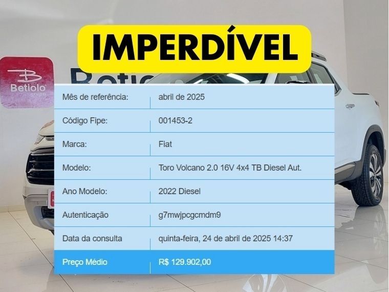 Fiat TORO 2.0 16V TURBO DIESEL VOLCANO 4WD AT9 2022/2022 BETIOLO NOVOS E SEMINOVOS LAJEADO / Carros no Vale