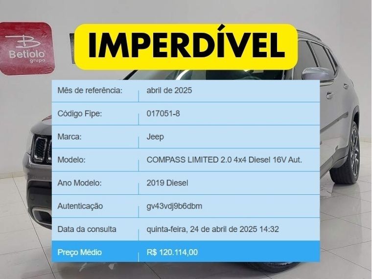 JEEP COMPASS 2.0 16V DIESEL LIMITED 4X4 AUTOMÁTICO 2019/2019 BETIOLO NOVOS E SEMINOVOS LAJEADO / Carros no Vale