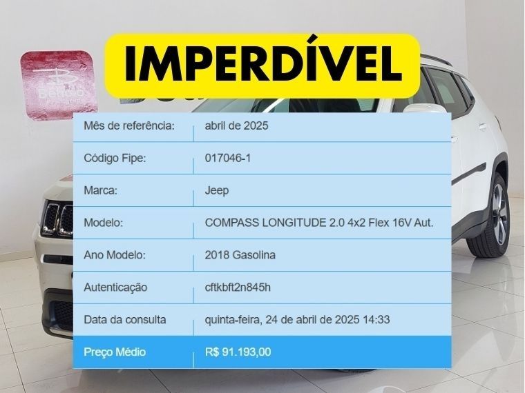 JEEP COMPASS 2.0 16V FLEX LONGITUDE AUTOMÁTICO 2017/2018 BETIOLO NOVOS E SEMINOVOS LAJEADO / Carros no Vale