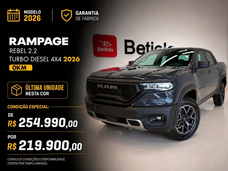 Ram RAMPAGE 2.2 TURBO DIESEL REBEL 4X4 AUTOMÁTICO 2026/2026 BETIOLO NOVOS E SEMINOVOS LAJEADO / Carros no Vale Ram RAMPAGE 2.2 TURBO DIESEL REBEL 4X4 AUTOMÁTICO 2026/2026 BETIOLO NOVOS E SEMINOVOS LAJEADO / Carros no Vale