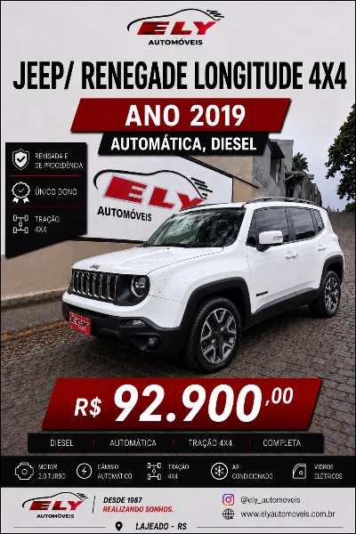 JEEP RENEGADE 2.0 16V TURBO DIESEL LONGITUDE 4P 4X4 AUTOMÁTICO 2019/2019 ELY AUTOMÓVEIS LAJEADO / Carros no Vale JEEP RENEGADE 2.0 16V TURBO DIESEL LONGITUDE 4P 4X4 AUTOMÁTICO 2019/2019 ELY AUTOMÓVEIS LAJEADO / Carros no Vale