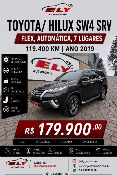 TOYOTA HILUX SW4 2.7 SRV 4X2 16V 7 LUGARES 2019/2019 ELY AUTOMÓVEIS LAJEADO / Carros no Vale TOYOTA HILUX SW4 2.7 SRV 4X2 16V 7 LUGARES 2019/2019 ELY AUTOMÓVEIS LAJEADO / Carros no Vale